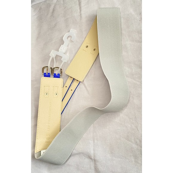 New York & Company Elastic Cinch Belt White & Blue Double Buckle Size M/L - Picture 2 of 6